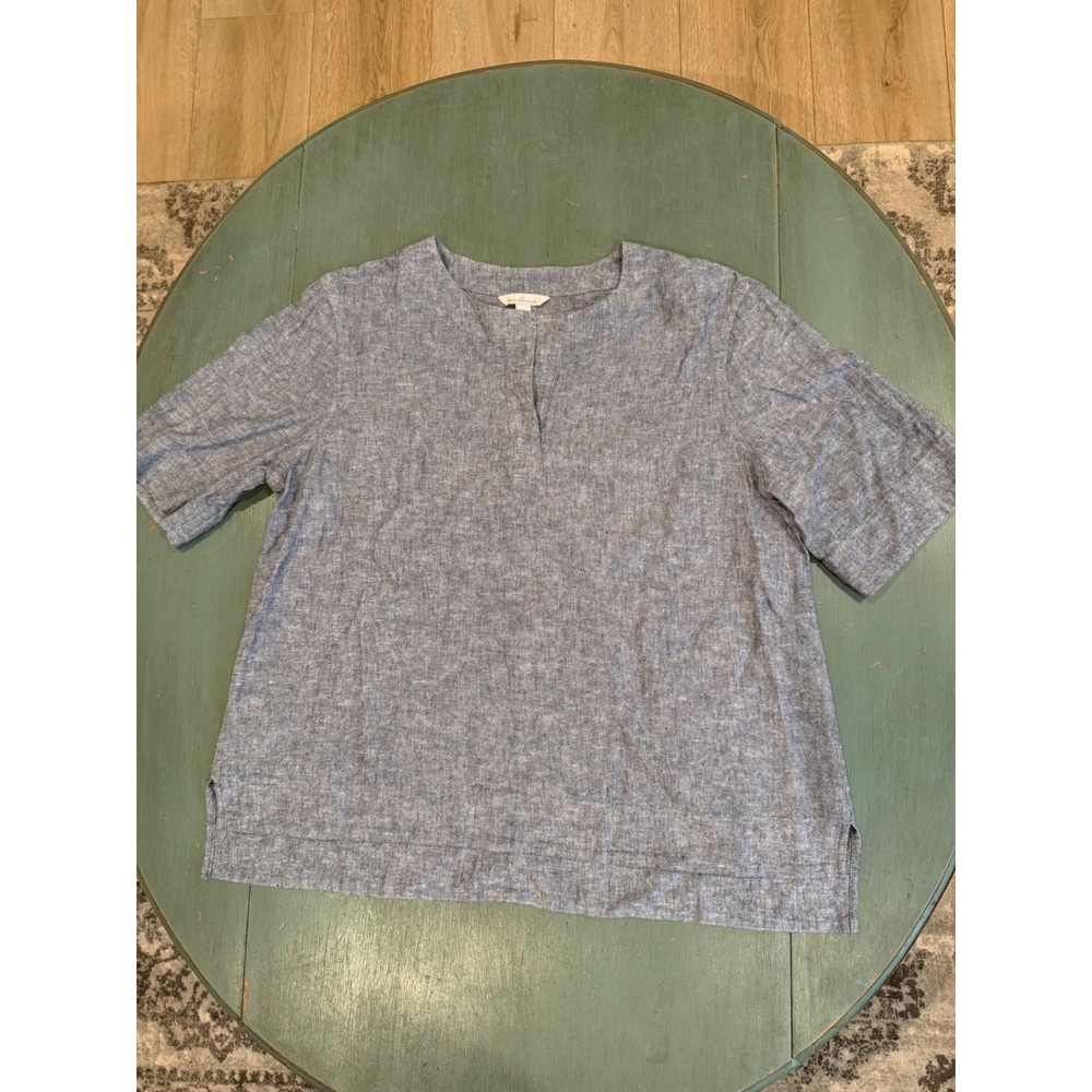 LL Bean Signature Blue Linen Blend Split Neck Tunic Top SS Large 521786
